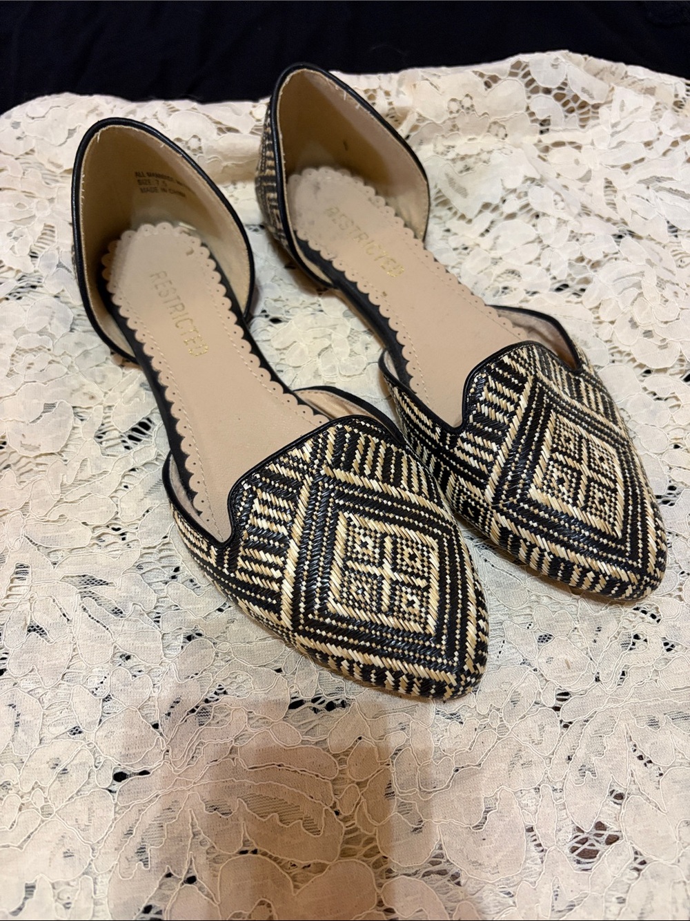 Restricted Black and Natural Woven Pointed D'Orsay Flats